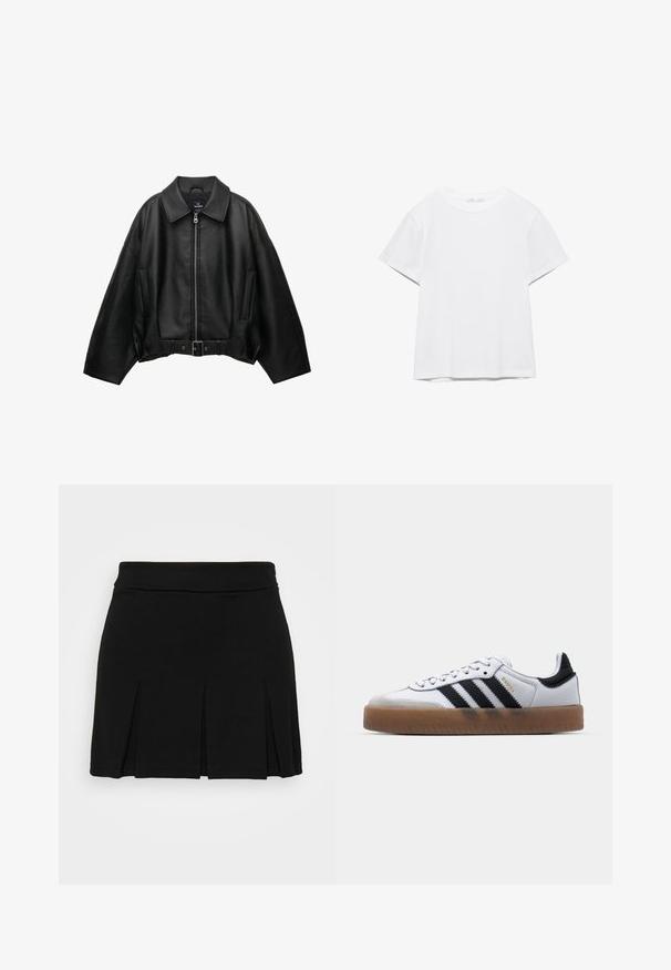 Sort læderjakke med bred krave, lynlåslukning, sidelommer og bælte i taljen. Har en løs pasform og tekstureret materiale.; Hvid, kortærmet T-shirt med rund hals og lige kant, vist på en hvid baggrund.; Even&Odd Mini skirts - black; Hvide lædersneakers med sorte striber, gummirubber sål, rund tå, snørelukning og blød grå ruskinds tåhætte.