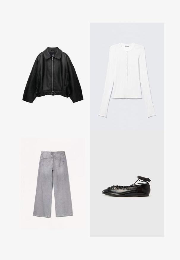 Veste en cuir noire avec un large col, fermeture éclair, poches latérales et taille ceinturée. Caractérisée par une coupe ample et un matériau texturé.; Chemise Henley blanche à manches longues avec col rond et une rangée verticale de petits boutons au centre devant.; Jean large gris à taille haute, avec une texture lisse, deux poches arrière et des détails de couture subtils.; Ballerines en cuir verni noir avec un bout rond, un design à lacets et une semelle plate. Texture lisse avec peu de détails.