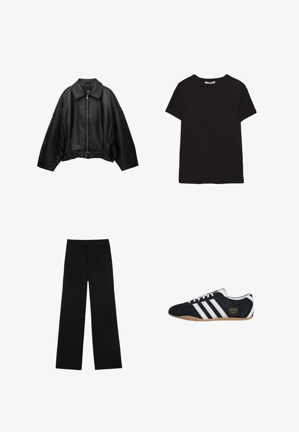 Veste en cuir noire avec un large col, fermeture éclair, poches latérales et taille ceinturée. Caractérisée par une coupe ample et un matériau texturé.; T-shirt noir en coton à manches courtes avec encolure ronde, coupe standard et étiquette intérieure visible au niveau du col.; Pantalons noirs à jambes larges en tissu lisse, dotés d'une fermeture à bouton à l'avant et de deux plis pour un détail supplémentaire. Design ajusté dans l'ensemble.; Sneakers en suede noir avec trois bandes blanches, logo doré et semelle en caoutchouc marron. Présente un design à lacets à profil bas.