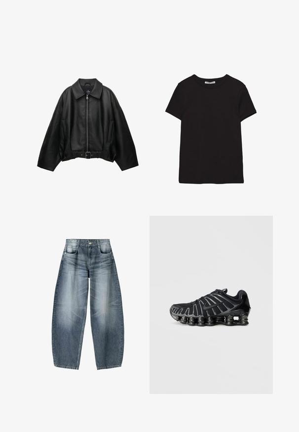Sort læderjakke med bred krave, lynlåslukning, sidelommer og bælte i taljen. Har en løs pasform og tekstureret materiale.; Sort kortærmet t-shirt i bomuld med rund halsudskæring, standard pasform og synlig indvendig halsmærkat.; Bredde jeans lavet af lyseblå denim med falmning, der har et fem-lomme design, knaplukning og minimale syninger.; Sort sportssko med en tekstureret mesh-overdel og en karakteristisk klodset sål med afrundede sektioner. Snørebånd og forstærket hæl for støtte.
