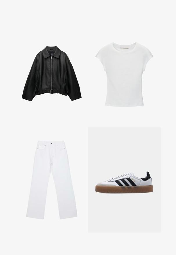 Sort læderjakke med bred krave, lynlåslukning, sidelommer og bælte i taljen. Har en løs pasform og tekstureret materiale.; Hvid bomuld t-shirt med korte, opsmøgede ærmer, rund halsudskæring og lige kant. Glat tekstur uden synlige mønstre eller detaljer.; Hvide jeans med lige ben, fem lommer, bæltestropper og lukning foran med knap og lynlås, lagt fladt på en hvid baggrund.; Hvide lædersneakers med sorte striber, gummirubber sål, rund tå, snørelukning og blød grå ruskinds tåhætte.