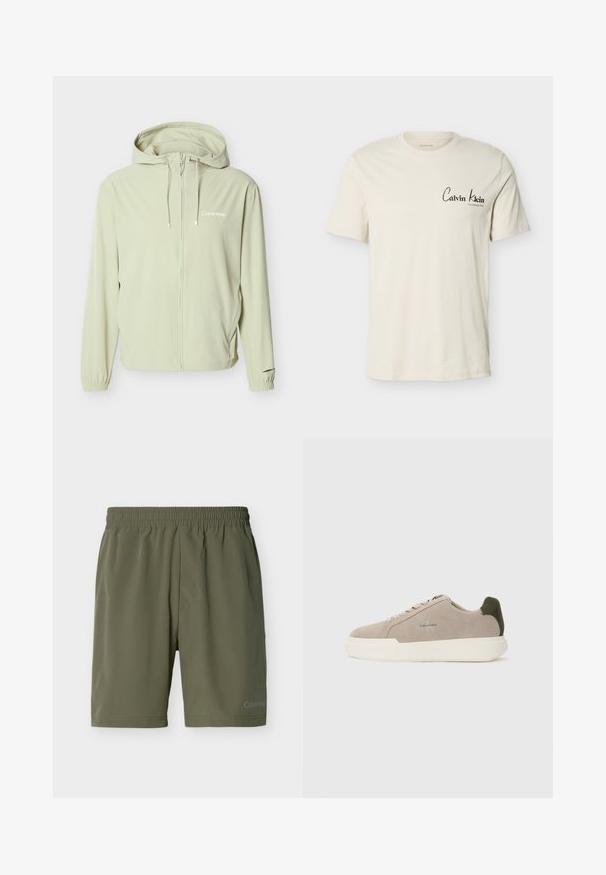 Veste à capuche Calvin Klein beige clair avec fermeture éclair intégrale à l'avant, cordons de serrage, poignets élastiques et logo discret sur la poitrine.; T-shirt blanc cassé à manches courtes avec logo Calvin Klein et texte "Established 1968" sur la poitrine gauche, col rond, design uni.; Shorts pour hommes vert olive avec ceinture élastique et logo discret Calvin Klein sur la partie inférieure de la jambe gauche, design uni.; Baskets en suède beige avec une semelle en caoutchouc blanche, présentant un accent de talon vert foncé et une branding subtile sur le côté.