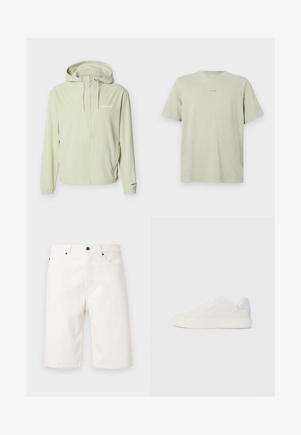 Veste à capuche Calvin Klein beige clair avec fermeture éclair intégrale à l'avant, cordons de serrage, poignets élastiques et logo discret sur la poitrine.; T-shirt en coton vert clair avec un col rond, des manches courtes et un petit logo Calvin Klein imprimé en une teinte plus foncée sur la poitrine.; Short en denim blanc avec bouton et fermeture éclair à l'avant, passants pour ceinture et design à cinq poches, présenté sur un fond uni.; Baskets blanches avec une tige synthétique lisse, bout rond et semelle plate blanche. Caractérisées par des coutures ton sur ton et un branding minimaliste sur le côté.