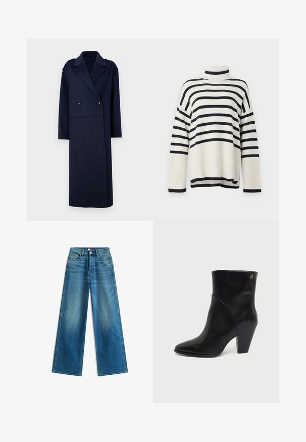 Marineblå uldblandingsfrakke med dobbeltradet front, skrå krave og lange ærmer. Har to sorte knapper og en mellem-længde design.; Stribet turtleneck sweater med ribbet tekstur, der har varierende brede striber i navy og creme. Løs pasform og design med sænket skulder.; Blå jeans med vide ben, forlommer, bæltestropper, knaplukning og små detalje med mærkeflag på lommen og i taljen.; Sort læderankelstøvle med spids tå, blokhæl og lille gyldent logo nær den øverste kant på ydersiden.