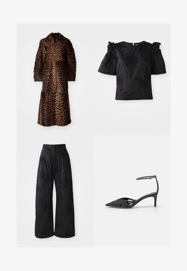 By Malene Birger RAFAIA - Winter coat - brown; Black short-sleeve top with a round neckline, featuring embroidered leaf patterns and sequins. The sleeves have gathered details for volume.; Black wide-leg trousers with sequin floral embellishments, featuring a high waist, pleats, and side pockets for a textured look.; Black leather high-heeled shoe with a pointed toe, open sides, and a thin ankle strap featuring a small gold hardware detail.