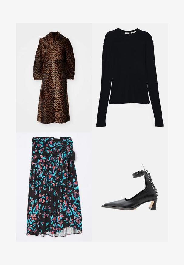 By Malene Birger RAFAIA - Χειμωνιάτικο παλτό - brown; Μαύρη μακρυμάνικη μπλούζα φτιαγμένη από μαλακό ύφασμα, με στρογγυλή λαιμόκοψη και άνετη εφαρμογή, διαθέτοντας πλευρικά σκισίματα στο στρίφωμα για ευκολία κινήσεων.; Μαύρη midi φούστα με πολύχρωμο λουλουδάτο σχέδιο σε κόκκινο και τυρκουάζ, με ζωνάκι που δένει και πλισέ σχέδιο για επιπλέον υφή.; Μαύρο δερμάτινο παπούτσι με χαμηλό τακούνι, μυτερή μύτη, λεπτομέρεια δέσιμου στο πίσω μέρος και λουρί που τυλίγεται στον αστράγαλο, πάνω σε απλό λευκό φόντο.