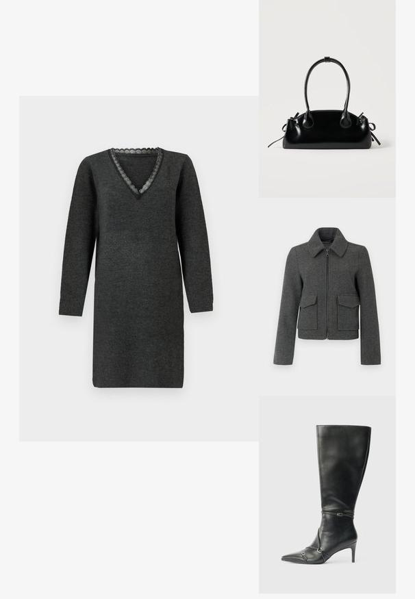 Veste en laine gris foncé avec fermeture éclair sur le devant, large col, manches longues et deux grandes poches à rabat à la taille.; Robe tricotée à manches longues gris foncé avec un décolleté en V, ornée d'une délicate bordure en dentelle le long du col.; Bottes noires en cuir montant jusqu'au genou, avec un talon fin, un bout pointu et des détails de lanière à la cheville. Texture lisse et design ajusté.; Petit sac à main noir brillant avec deux longues anses et des détails à cordon sur les côtés sur un fond clair uni.