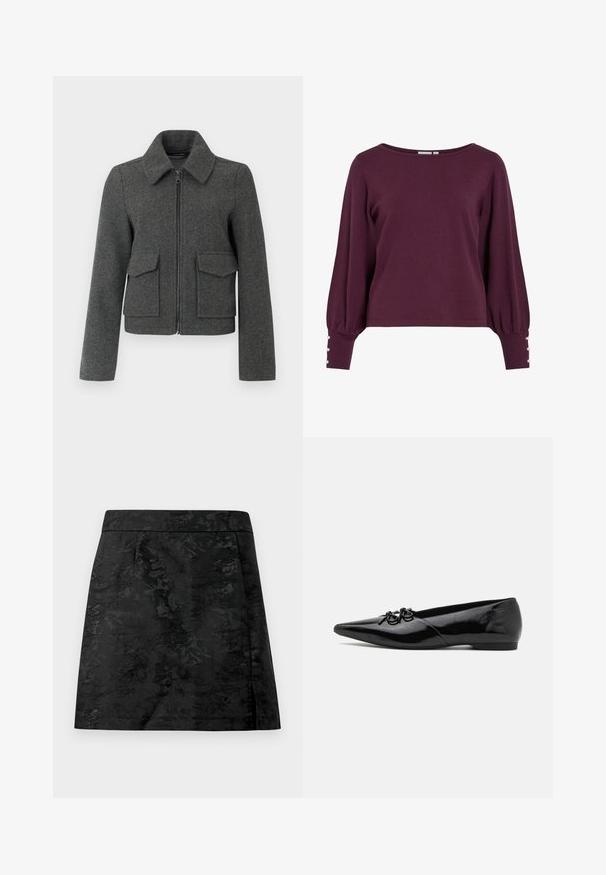 Veste en laine gris foncé avec fermeture éclair sur le devant, large col, manches longues et deux grandes poches à rabat à la taille.; Pull en tricot bordeaux avec un large décolleté, de longues manches ballon et des boutons en accent aux poignets. Texture douce et coupe décontractée.; Jupe noire avec un motif floral, texture lisse et coupe ajustée. Présente une taille élastiquée et une coupe droite avec une légère évasement.; Ballerines en cuir verni noir avec un bout pointu, présentant un nœud décoratif à l'avant et un design de talon bas et élégant.