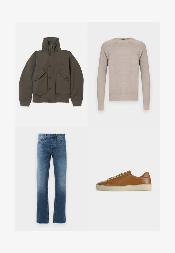 Oliven grøn hættejakke lavet af blødt stof, med knaplukninger, to store forlommer og ribbede manchetter på ærmerne.; Beige strikket sweater med rund halsudskæring, lange ærmer og ribstrikkede manchetter og kant. Glat tekstur med et subtilt, ensartet mønster.; Blå denim jeans med lige ben design, falmede vask, fem lommer og kontrastsyning. Knap- og lynlås-lukning i taljen.; Lavtop brun læder sneaker med cremefarvede snørebånd og tyk cremefarvet gummisål vist i sideprofil på hvid baggrund.