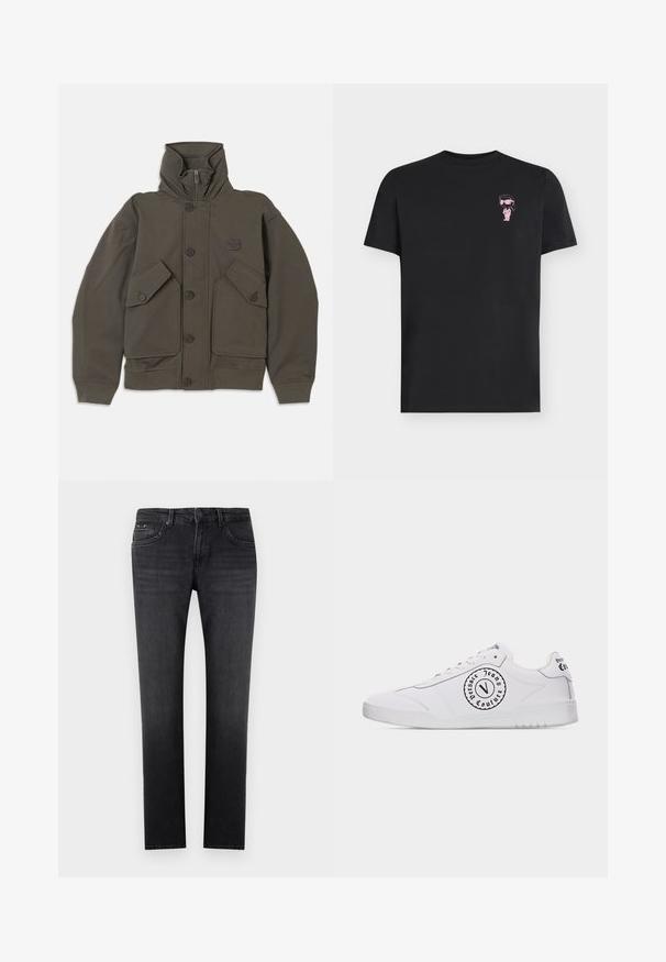 Olivgrüne Kapuzenjacke aus weichem Stoff, ausgestattet mit Knopfverschlüssen, zwei großen Fronttaschen und gerippten Bündchen an den Ärmeln.; Schwarzes kurzärmliges T-Shirt mit einer kleinen pinken Comicfigur mit Sonnenbrille und Anzug auf der oberen linken Brust.; Schwarze Jeans mit geradem Bein aus Denim, leicht ausgewaschen, im Fünf-Taschen-Stil, mit Knopfverschluss und Gürtelschlaufen.; Weißer Sneaker mit niedrigem Schaft, mit schwarzem, rundem "Versace Jeans Couture"-Logo an der Seite und am Fersenriemen, weißen Schnürsenkeln und weißer Gummisohle.