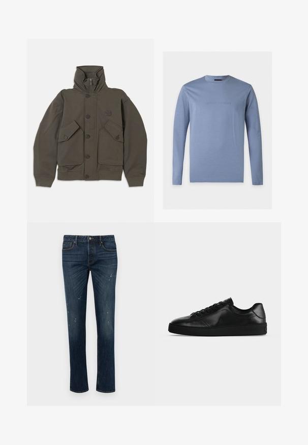 Olivgrüne Kapuzenjacke aus weichem Stoff, ausgestattet mit Knopfverschlüssen, zwei großen Fronttaschen und gerippten Bündchen an den Ärmeln.; Hellblaues Langarmshirt mit Rundhalsausschnitt und geprägtem Emporio Armani-Logo mittig auf der Brust vor weißem Hintergrund.; Dunkelblaue Slim-Fit-Jeans mit leichtem Verblassen und kleinen weißen Farbspritzern, ausgestattet mit fünf Taschen und Knopfverschluss.; Niedrig geschnittener schwarzer Ledersneaker mit Schnürung vorne und strukturierter flacher Sohle, seitlich auf neutralem Hintergrund gezeigt.