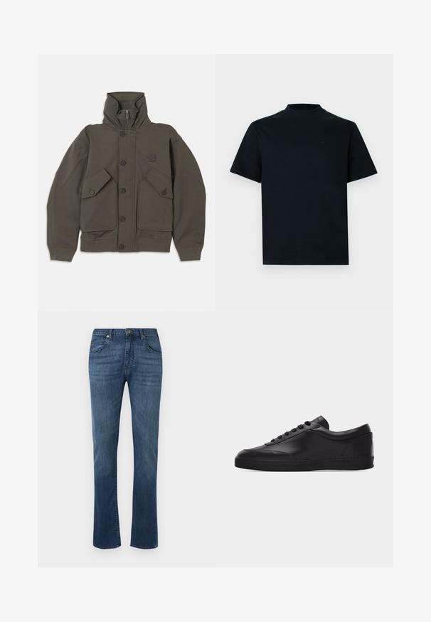 Oliven grøn hættejakke lavet af blødt stof, med knaplukninger, to store forlommer og ribbede manchetter på ærmerne.; Kortærmet t-shirt i ensfarvet sort med høj halsudskæring. Fremstillet af glat stof, har et minimalistisk design og diskret branding på brystet.; Blå denim jeans med lige ben, bælteholdere, knap foran, lynlås og klassisk fem-lomme design.; Sort lavtstående lædersneaker med snørebånd foran og flad gummisål, vist fra siden på en ensartet hvid baggrund.