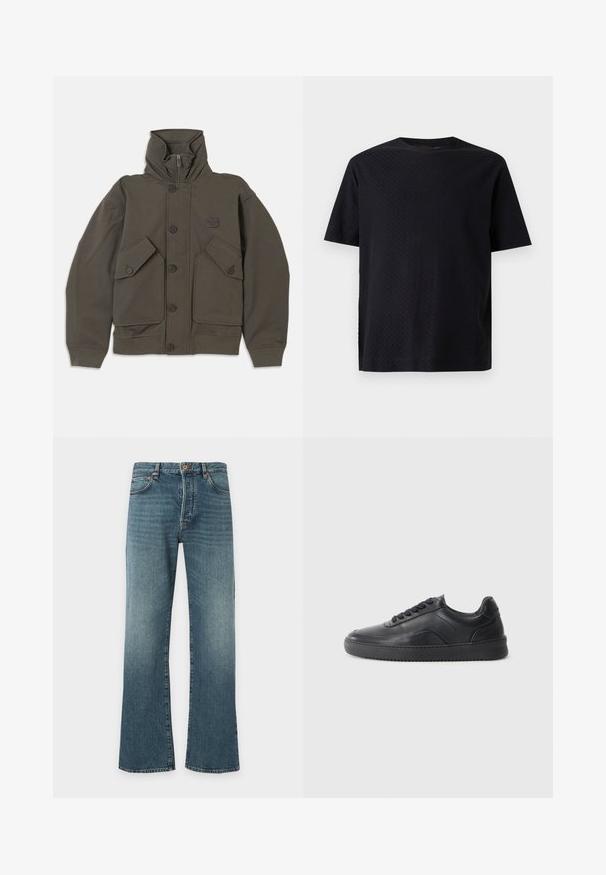 Olijfgroene hoodie jas van zachte stof, met knoopsluitingen, twee grote voorzakken en geribbelde manchetten bij de mouwen.; Zwart T-shirt met korte mouwen en ronde hals met een subtiel textuurpatroon op een effen lichtgrijze achtergrond.; Blauwe denim jeans met een lichte uitlopende pijp, klassiek ontwerp met vijf zakken, knoop- en ritssluiting, en subtiel vervaagd op de dijen.; Zwarte leren sneaker met een gladde afwerking, ronde neus, textuurpaneel aan de zijkant en zwarte veters. Voorzien van een platte rubberen zool en een minimalistisch ontwerp.