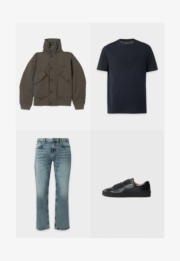 Oliven grøn hættejakke lavet af blødt stof, med knaplukninger, to store forlommer og ribbede manchetter på ærmerne.; Sort T-shirt med korte ærmer og rund halsudskæring med et diskret præget ørnelogo på brystet og et mærke med brandnavn indeni kraven.; Blå denimjeans med en let falmet vask, klassisk fem-lomme stil, knaplukning og lige ben på en ensartet baggrund.; Sorte lædersneakers med en glat overflade, rund tå og snørebåndslukning. Har en tyk gummisål og minimal branddetalje.