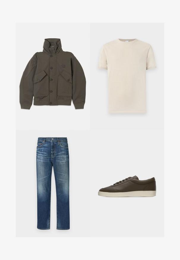 Oliven grøn hættejakke lavet af blødt stof, med knaplukninger, to store forlommer og ribbede manchetter på ærmerne.; Beige kortærmet t-shirt med rund hals og ribkant ved hals og ærmer, vist mod en ensartet lys baggrund.; Blå denim jeans med lige ben, der har slidte områder, et klassisk fem-lomme design, kobbernitter og en knapgennemgang.; Low-top mørkebrun lædersneaker med snørelukning foran og cremefarvet gummisål, vist fra ydersiden mod hvid baggrund.