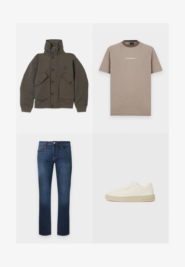Olijfgroene hoodie jas van zachte stof, met knoopsluitingen, twee grote voorzakken en geribbelde manchetten bij de mouwen.; Bruin katoenen T-shirt met korte mouwen en een ronde hals. Voorzien van een contrasterende donkerbruine halslijn en een witte "EMPORIO ARMANI"-logo.; Donkerblauwe spijkerbroek met rechte pijpen, een ontwerp met vijf zakken en een knoopsluiting aan de voorkant, met subtiele vervaging op de dijen.; Witte canvas sneakers met een gestructureerde rubberen zool, featuring een gestikte neuskap en logo-accent op de hak. Eenvoudig vetersluiting ontwerp.