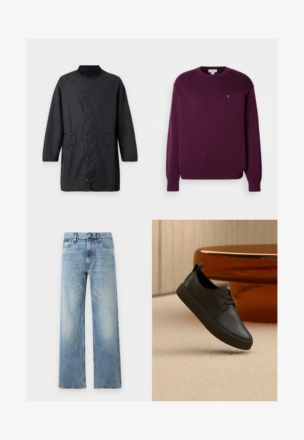 Barbour COUNTRY - Manteau classique - navy; Pull en tricot violet avec manches longues, col rond, bord-côte en bas et aux poignets, arborant un petit logo CK sur la poitrine. Texture lisse.; Jean droit en denim bleu clair avec taille haute, cinq poches, fermeture à boutons et léger délavage sur les cuisses et les genoux.; Baskets décontractées en cuir noir avec lacets, flottant au-dessus d'un tapis beige, avec une table en verre ambré arrondie en arrière-plan.