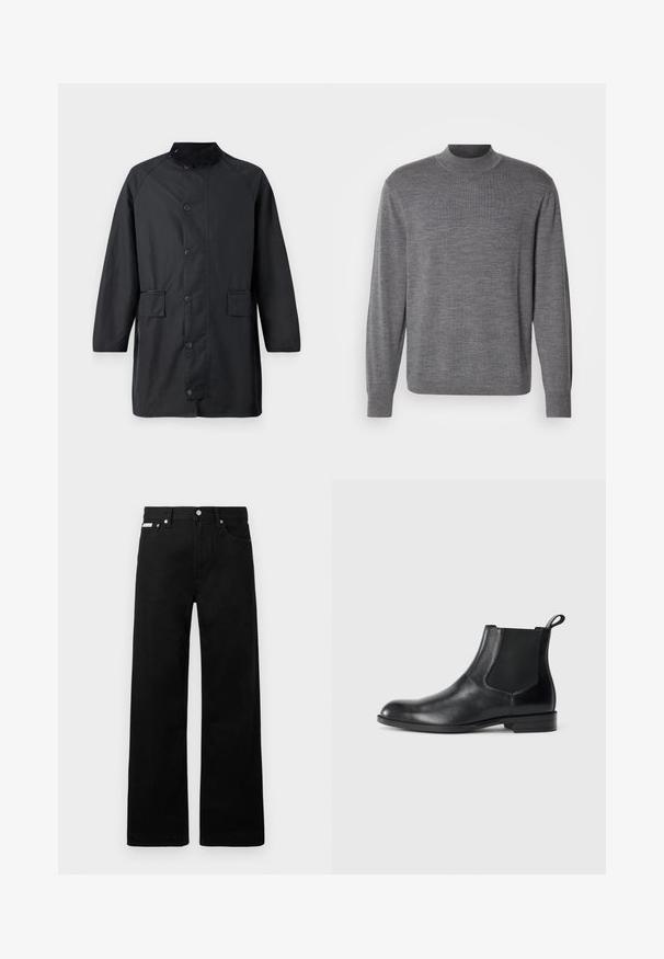 Barbour COUNTRY - Mantel - navy; Grijze lange mouw sweater gemaakt van gebreid materiaal, met een opstaande kraag en een subtiele logo op de borst. Gladde textuur en aansluitend ontwerp.; Zwarte spijkerbroek met een wijd uitlopende pasvorm, voorzien van vijf zakken en metallic knopen. Gladde textuur, geen zichtbare patronen.; Zwarte leren enkelboot met elastische zijpanelen, ronde neus en een trekhaak. Gladde textuur, platte zool, minimalistisch ontwerp.