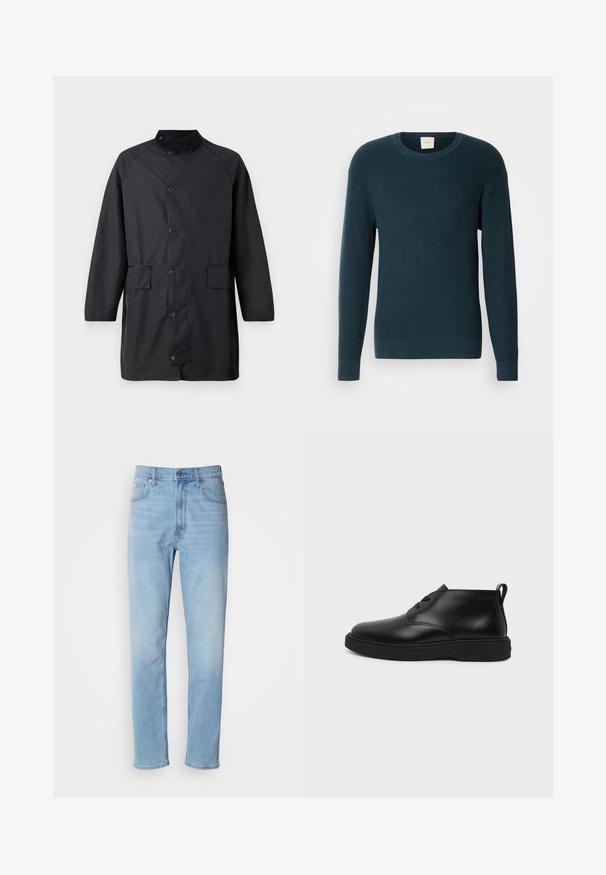 Barbour COUNTRY - Mantel - navy; Donkerblauwe gebreide trui met een ronde halslijn, lange mouwen en een textuurpatroon. Heeft een klein logo op de borst.; Lichtblauwe denim jeans met een rechte pasvorm, vijf zakken en riemlussen. De stof heeft een gladde textuur met een lichte vervaging.; Zwarte leren enkelhoge veterschoen met dikke rubberen zool en trekhaak bij de hiel, getoond in zijprofiel op een effen achtergrond.