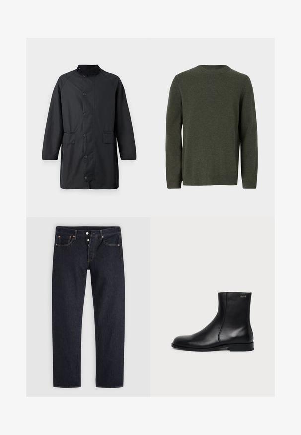 Barbour COUNTRY - Mantel - navy; Donkergroen gebreid sweater met een ronde halslijn, lange mouwen en ribgebreide boorden en zoom. Glad textuur met een effen patroon over de hele stof.; Donkerblauwe jeans met rechte pijpen, knoopsluiting, voor- en achterzakken en koperen klinknagels op een lichtgrijze achtergrond.; Zwarte leren enkellaars met lage hak, zijstiksels en klein "HUGO" logo op de bovenste boord tegen een effen achtergrond.