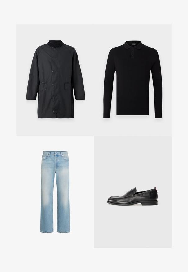 Barbour COUNTRY - Manteau classique - navy; Polo-shirt noir à manches longues avec une texture côtelée, patte de boutonnage à trois boutons et un col doux. Design simple et polyvalent.; Jean en denim bleu clair avec une coupe droite, détails de décoloration, style à cinq poches, fermeture par bouton et passants de ceinture à la taille.; Mocassins en cuir noir avec un bout arrondi, des détails cousus et un petit accent rouge au niveau du talon. Semelle en caoutchouc à profil bas.