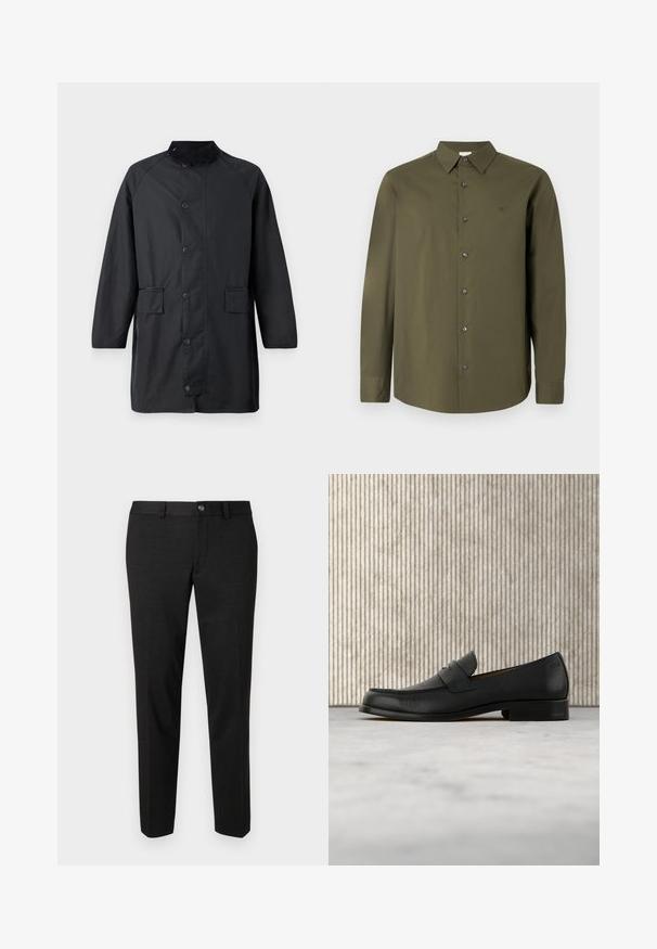 Barbour COUNTRY - Mantel - navy; Donkergroen olijfgroen shirt met lange mouwen, een puntkraag, zwarte knopen en een subtiel logo op de borst. Gladde, effen stoftextuur.; Zwarte broeken gemaakt van een gladde stof. Ze hebben een rechte snit, een vlakke voorkant en een knoopsluiting met een eenvoudig taillebandontwerp.; Zwarte leren loafer zweeft boven een beige tapijt met op de achtergrond een glanzende, ronde, bruine tafel.
