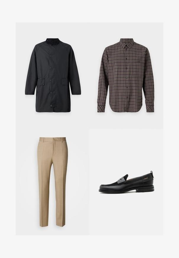 Barbour COUNTRY - Mantel - navy; Langemouwen flanellen shirt in donkergroen, met een geruit patroon van roze en witte lijnen, knoopsluiting en een enkele borstzak.; Beige op maat gemaakte broek met een gestructureerde stof, een vlak voorkant en rechte pijpen. Voorzien van zijzakken en riemlussen, voor een verzorgde uitstraling.; Zwarte leren loafer met grijs riemdetailelement, lage hak en gestructureerde zool, aan de zijkant gebrandmerkt met "HUGO" in goud.