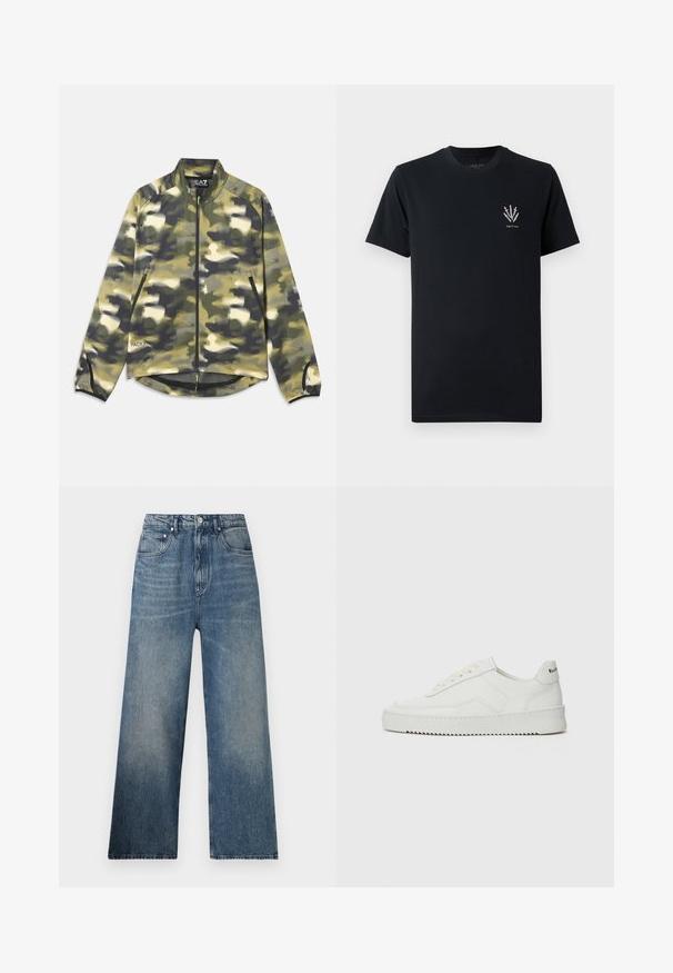 Chaqueta camuflada en tonos de verde y beige, con cremallera frontal, cuello alto y bolsillos laterales con detalle de malla en el dobladillo. Tela ligera.; Camiseta de algodón negra con cuello redondo, mangas cortas y un pequeño gráfico de espadas en blanco en la parte izquierda del pecho.; Jeans de mezclilla azul de pierna ancha con cintura alta, que presentan un desgaste sutil, cinco bolsillos y un cierre de botón metálico en la parte delantera.; Zapatilla de cuero blanca con un acabado suave, puntera redonda, cordones planos y suela texturizada. Cuenta con un sutil logo en el talón.
