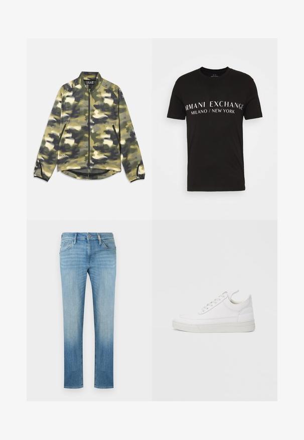 Kamouflagejakke i nuancer af grøn og beige, med lynlås foran, høj krave og sidelommer med netdetaljer i kanten. Letvægtigt stof.; Sort bomulds T-shirt med teksten "ARMANI EXCHANGE MILANO / NEW YORK" i hvid, med en klassisk rund hals og korte ærmer.; Lyseblå jeans med lige ben, foran med knap, lynlås, bæltestropper og lille logo på højre forlomme.; Hvid lædersneaker med rundet tå, flad sål og snørebånd foran. Har syningsdetaljer og polstret krave for komfort.