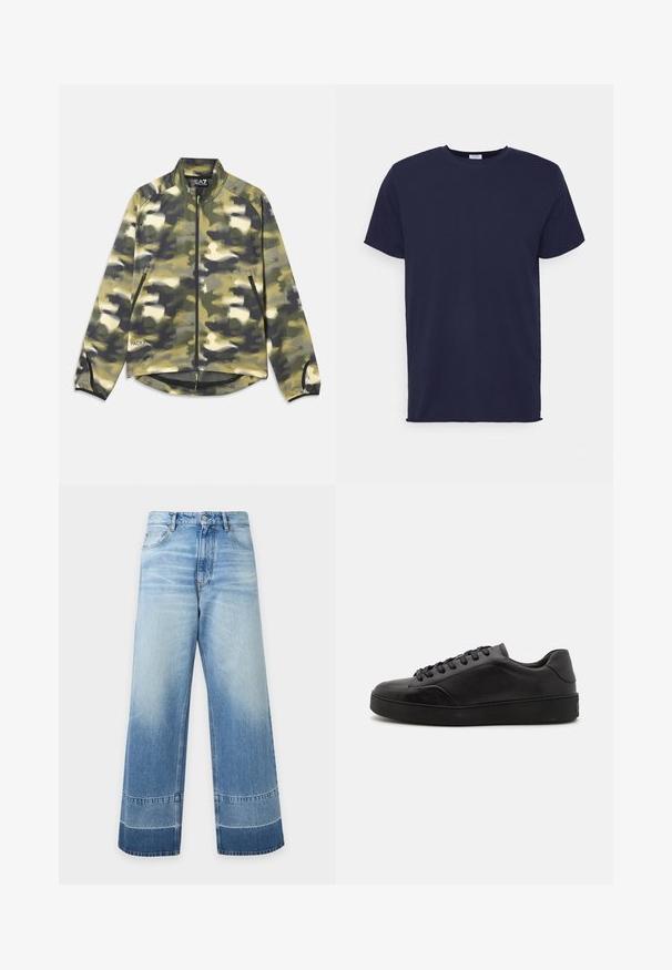 Kamouflagejakke i nuancer af grøn og beige, med lynlås foran, høj krave og sidelommer med netdetaljer i kanten. Letvægtigt stof.; Marineblå kortærmet t-shirt lavet af blødt stof. Har rund halsudskæring og en lige pasform uden mønstre eller accenter.; Vidde, lyseblå denimjeans med falmede detaljer og mørkere farveblokke nær kanten, foran knap og synlige lommer.; Sorte lædersneakers med rund tå, flad sål og traditionel snøring. Har en glat tekstur og diskrete detaljer på siden.
