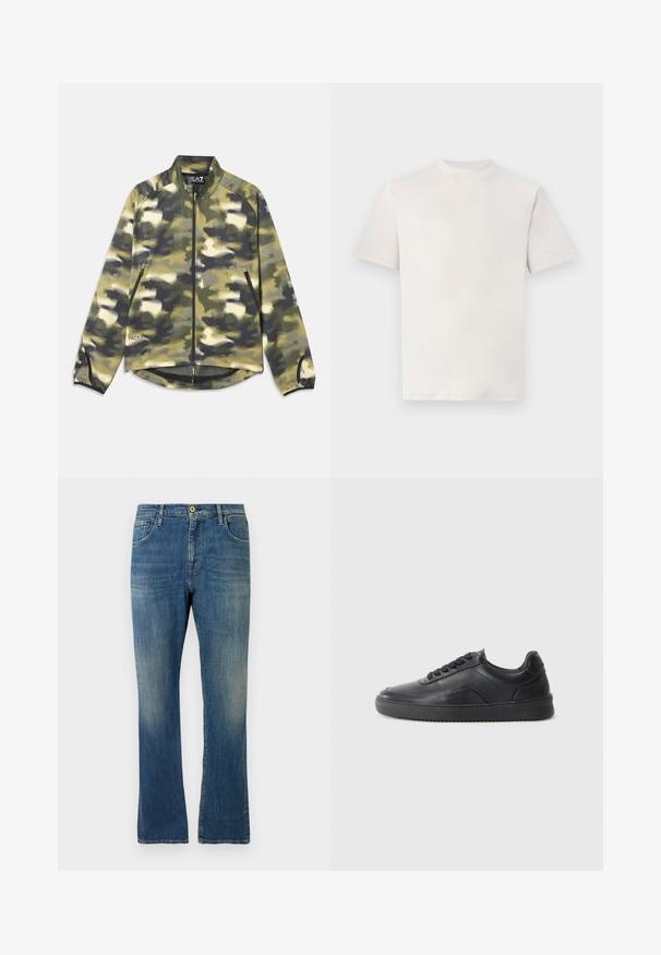 Kamouflagejakke i nuancer af grøn og beige, med lynlås foran, høj krave og sidelommer med netdetaljer i kanten. Letvægtigt stof.; Hvid kortærmet t-shirt med rund hals, vist fladt på en hvid baggrund.; Blå falmede denim jeans med lige ben, lynlås og knaplukning samt for- og baglommer, vist mod en hvid baggrund.; Sorte lædersneakers med en glat finish, rund tå, struktureret sidelæder og sorte snørebånd. Har en flad gummisål og et minimalistisk design.