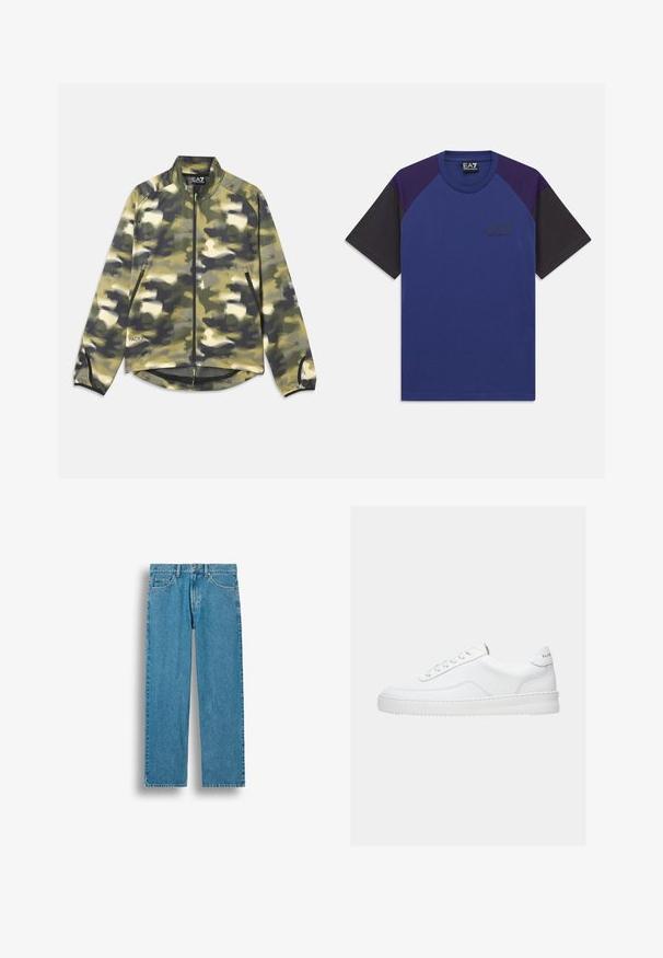 Kamouflagejakke i nuancer af grøn og beige, med lynlås foran, høj krave og sidelommer med netdetaljer i kanten. Letvægtigt stof.; Kortærmet t-shirt med rund hals, mørkeblå front, lilla skuldre, sorte ærmer og lille EA7 Emporio Armani logo på brystet.; Blå straight-leg jeans i denim med forlommer, bæltestropper og knaplukning, vist mod en hvid baggrund.; Hvid lavt sneaker med snørelukning, glat læderoverdel og tyk sål, vist fra siden på en ensfarvet baggrund.