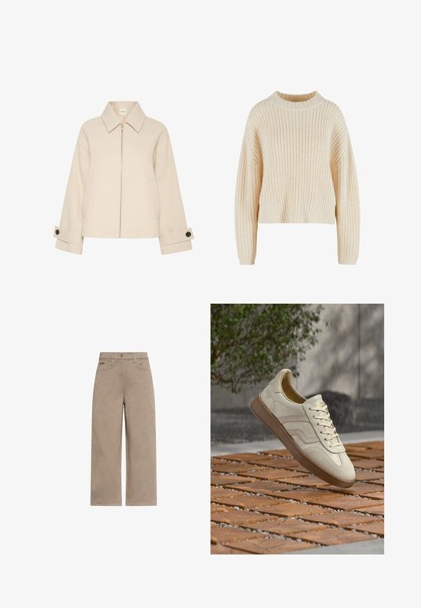 Chaqueta beige con cremallera en la parte delantera, gran cuello, textura acanalada y bolsillos laterales. Las mangas tienen un detalle de botón.; Suéter de punto crema con un alto cuello acanalado, mangas anchas y un patrón texturizado en toda su superficie. Diseño corto con dobladillo acanalado.; Pantalones beige de cintura alta, pierna ancha, con trabillas para cinturón, cierre frontal con botón y bolsillos, mostrados sobre un fondo blanco.; Zapatilla de color crema con suela de goma beige texturizada, diseño con cordones y sutiles detalles de marca en el lateral. Parte superior de cuero liso.