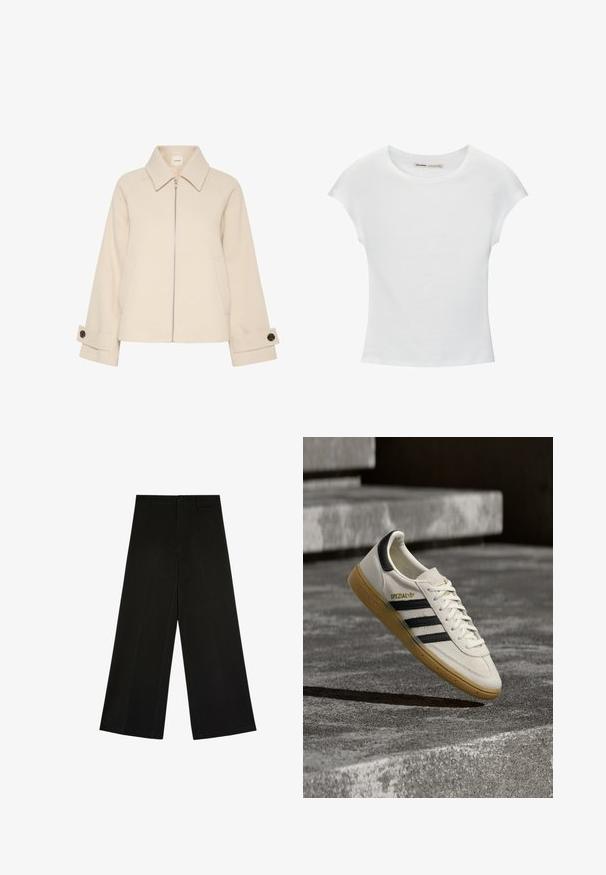 Veste beige avec fermeture éclair à l'avant, grand col, texture côtelée et poches latérales. Les poignets sont ornés d'un détail bouton.; T-shirt en coton blanc avec manches courtes retroussées, encolure ronde et ourlet droit. Texture lisse sans motifs ni accents visibles.; Pantalon noir à jambes larges avec fermeture par bouton et zip, passants de ceinture et plis d’avant, posé à plat sur fond blanc.; Baskets Adidas Spezial blanches avec des rayures noires et une semelle en gomme flottant au-dessus de marches en pierre grises à l'extérieur.