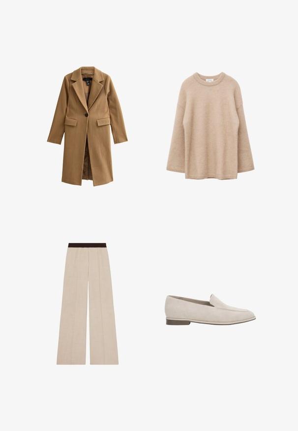 Manteau en mélange de laine marron avec un col cranté, fermeture à un bouton, et deux poches avant. Texture lisse et design mi-long.; Pull beige à manches longues avec col rond, texture douce et duveteuse, coupe décontractée, présenté sur un fond blanc.; Pantalon beige à jambes larges avec une ceinture élastique marron foncé, avec des détails subtils de coutures verticales.; Mocassin beige en daim, à enfiler, avec un petit talon, un bout pointu et peu de surpiqûres sur le dessus.
