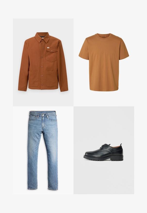 Veste marron à manches longues en tissu robuste, avec un bouton-pression à l'avant, deux grandes poches avant et une poche sur la poitrine gauche avec un logo.; T-shirt en coton marron uni à manches courtes, col rond et coupe régulière, étiqueté "Selected Homme" à l'intérieur du col.; Jean en denim bleu clair avec une coupe droite, cinq poches, des coutures contrastantes et une fermeture à bouton et zip à la taille.; Chaussures derby en cuir noir avec une texture lisse, bout rond, design à lacets et une semelle en caoutchouc épaisse et robuste.