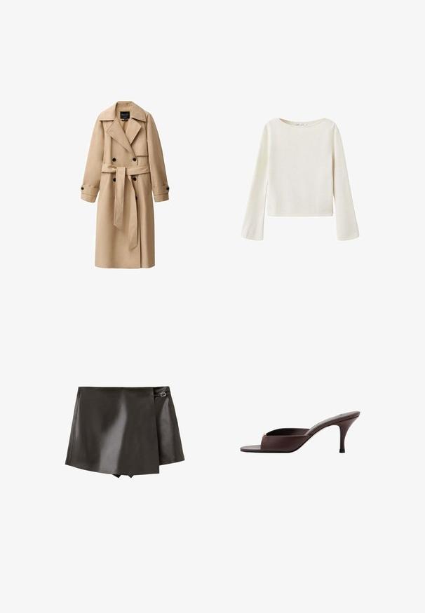Beige trenchcoat van een gladde stof, met een dubbel-knopsgeschreven voorkant, brede revers, een ceintuur in de taille en knoopmanchetten.; Off-white trui met lange mouwen, brede ronde halslijn en licht uitlopende mouwen, gemaakt van zachte gebreide stof.; Zwarte faux lederen overslagrok met zijgespdetail en lichte overlap aan de voorkant, afgebeeld op een witte achtergrond.; Donkerbruine mule met open teen, lage gebogen hak en brede band aan de voorkant.