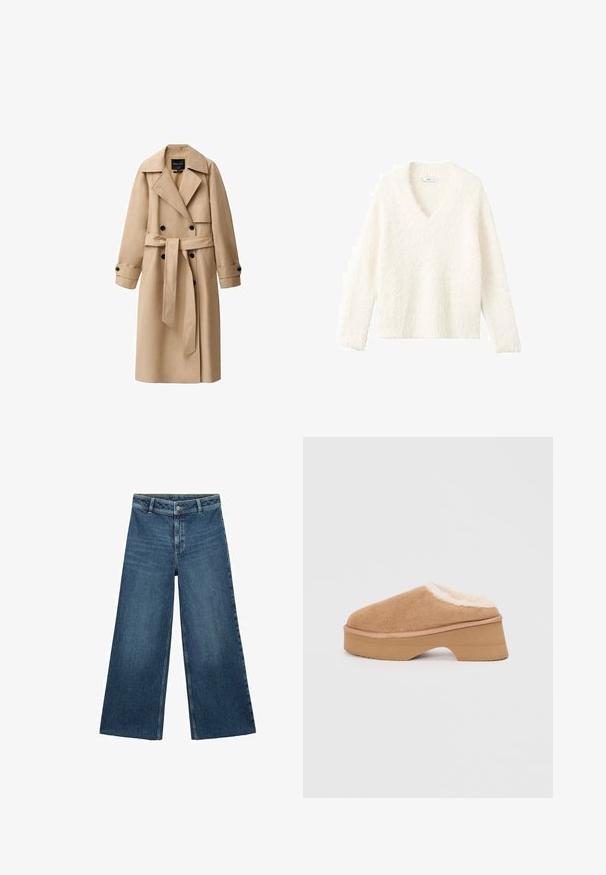 Beige trenchcoat lavet af et glat stof, med en dobbeltradet front, brede revers, bælte i taljen og knappede manchetter.; Hvid, fluffy pullover trøje med V-udskæring, lange ærmer og ribbede kanter. Blød tekstur med en afslappet pasform. Ingen lukninger.; Bredde ben blå denim jeans med en falmet finish, lynlås og en frynset kant. Har fem lommer og beige syninger.; Tan ruskindsklæde klipklapper med faux pelsforing, rund tå og en kraftig træplatformssål. Blød tekstur og hævet design for komfort.
