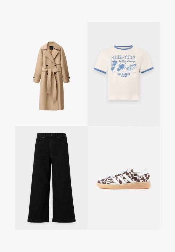 Beige trenchcoat lavet af et glat stof, med en dobbeltradet front, brede revers, bælte i taljen og knappede manchetter.; Kremfarvet t-shirt med blå kant og teksten "HIGH-TIDE Oyster Lounge" samt tre blå østerskalsillustrationer, der refererer til Bar Harbor, Maine.; Sorte denimjeans med brede ben, foran knap, lynlås, bæltestropper og fem-lomme design på en lysegrå baggrund.; Adidas-sneakers med brun og hvid ko-mønster. Har hvide striber, lyseblå snørebånd og en gummisål. Overmaterialet har tekstur.