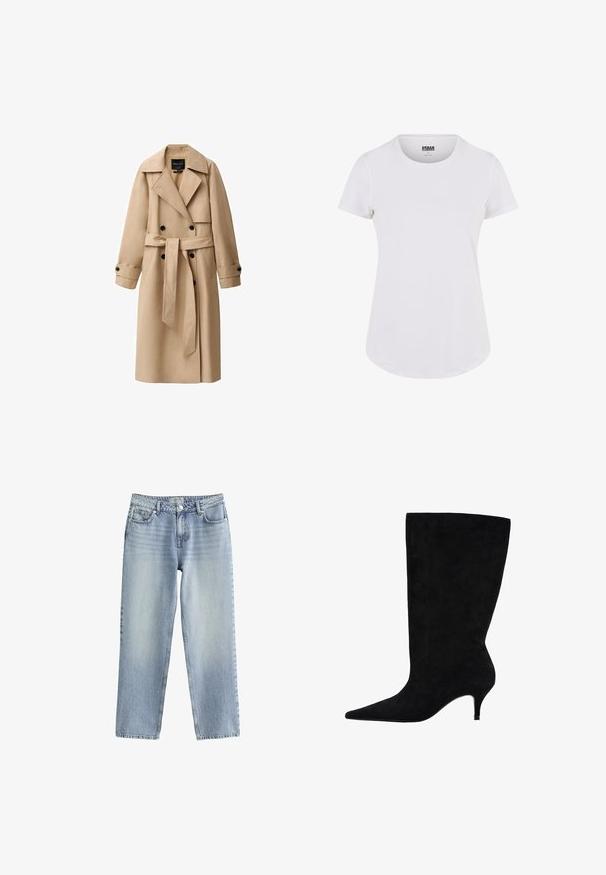 Beige trenchcoat lavet af et glat stof, med en dobbeltradet front, brede revers, bælte i taljen og knappede manchetter.; Hvid kortærmet t-shirt med rund halsudskæring, lavet af blødt stof. Har en let buet søm og et minimalistisk design.; Lysblå denim jeans med lige ben-design, høj talje og diskret falming. Har en knaplukning og standard fem-lomme stil.; Sort ankelstøvle i ruskind med spids tå, slank hæl på 5 cm og glat tekstur, med en høj skaftdesign.