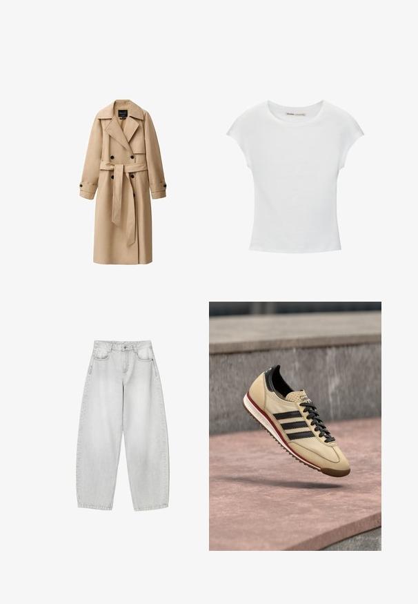 Beige trenchcoat van een gladde stof, met een dubbel-knopsgeschreven voorkant, brede revers, een ceintuur in de taille en knoopmanchetten.; Witte katoenen T-shirt met korte, opgerolde mouwen, een ronde halslijn en een rechte zoom. Gladde textuur zonder zichtbare patronen of accenten.; Lichtgrijze, wijde jeans van denim, met voorzakken, een knoopsluiting in de taille en een lichte vervaging.; Beige Adidas sneaker met zwarte strepen en veters zwevend boven een roze betonnen oppervlakte buiten.