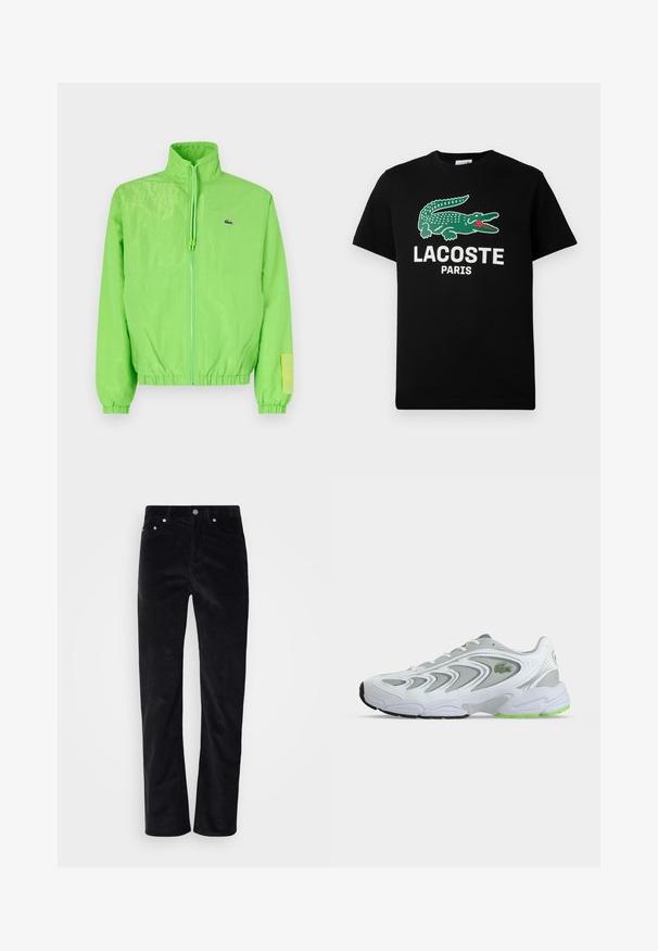 Veste coupe-vent verte avec un col montant, fermeture éclair à l'avant, poignets élastiques et ourlet. Présente un petit logo et un accent en étiquette sur la manche.; T-shirt en coton noir avec un logo de crocodile vert et le texte "LACOSTE PARIS" en blanc. Manches courtes et col rond classique.; Pantalons en velours côtelé noir avec une coupe droite. Présentent une fermeture à bouton et un style à cinq poches. Tissu texturé à côtes.; Baskets de sport blanches et grises avec des touches vertes et un logo, panneaux en mesh et une semelle épaisse et rembourrée, vues de côté sur un fond uni.