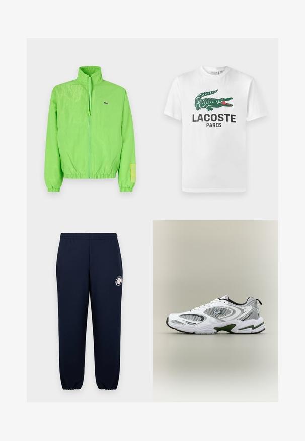 Zelená vetrovka s vysokým golierom, zipsom vpredu, elastickými manžetami a lemom. Má malé logo a výraznú nášivku na rukáve.; Lacoste Tričko s potlačou - white; Námornícke modré tepláky vyrobené z jemnej bavlny s elastickými manžetami a pásom. Na ľavej nohe sa nachádza biele logo Lacoste Paris.; Biele a šedé športové bežecké topánky so sieťovými panelmi, zelenými akcentmi, čiernymi detailmi a logom na boku, zobrazené z vonkajšej strany.
