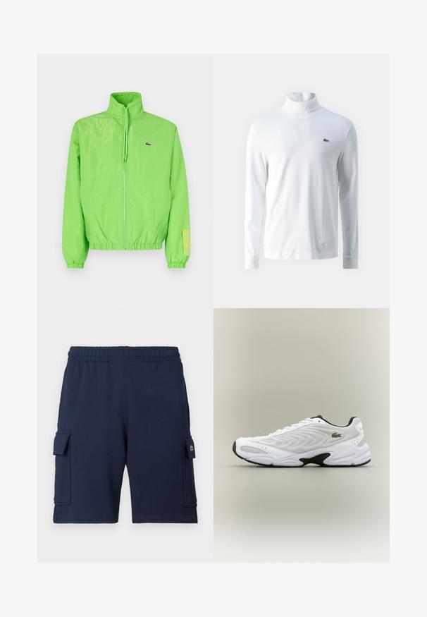 Grüne Windjacke mit hohem Kragen, Reißverschluss vorne, elastischen Bündchen und Saum. Verfügt über ein kleines Logo und ein Etikett-Detail am Ärmel.; Weißes Langarm-Turtleneck-Shirt aus weichem Stoff, mit einem kleinen grünen gestickten Logo auf der Brust und schmalen Bündchen.; Marineblaue Cargo-Shorts aus weichem Stoff, mit einem elastischen Bund, zwei Seitentaschen und einem kleinen Logoakzent auf der linken Tasche.; Weißer Sportschuh mit strukturiertem Mesh-Obermaterial, geschwungenem Design und kontrastierender schwarzer Laufsohle. Mit grünem gesticktem Logo an der Seite.