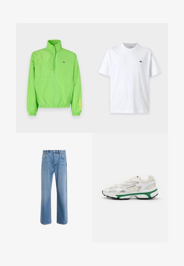 Veste coupe-vent verte avec un col montant, fermeture éclair à l'avant, poignets élastiques et ourlet. Présente un petit logo et un accent en étiquette sur la manche.; T-shirt blanc uni à manches courtes avec col rond et petit logo crocodile vert sur la poitrine gauche.; Jeans en denim bleu clair avec une coupe droite, cinq poches, fermeture à bouton, peu d'usure et des détails de couture contrastés.; Sneaker blanc avec accents verts et semelle en caoutchouc noir. Comprend des panneaux en mesh et en synthétique, avec une finition texturée et des coutures visibles.