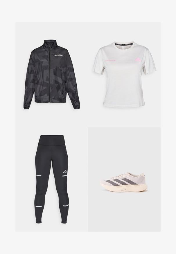 Zwarte lichtgewicht jas met een hoge kraag, ritssluiting en geometrisch patroon. Kenmerkt zich door het "TERREX"-logo in het wit op de bovenste linkerkant.; Lichtgrijze T-shirt met korte mouwen, met een ronde hals, "ADIDAS RUNNING" in het roze gedrukt, met het roze Adidas-logo op de borst. Zachte stofstructuur.; Zwarte leggings met een hoge tailleband, gemaakt van een soepele stof. Bevat witte reflecterende strepen nabij de knieën en een Adidas-logo.; Lichtgewicht sportieve sneakers in lichtroze en grijs, met een bovenwerk van mesh, drie donkere strepen, en een dikke crèmekleurige zool met het opschrift "LIGHTSTRIKE PRO".