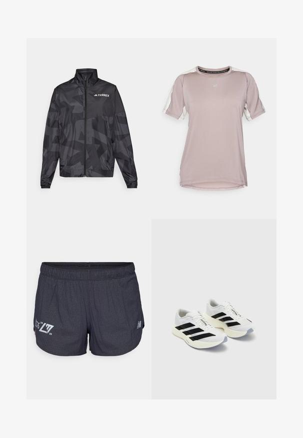 Čierna ľahká bunda s vysokým golierom, so zipsom a geometrickým vzorom. Na hornej ľavej strane je biele logo "TERREX".; ASICS FUJITRAIL ELITE TOP - Športové tričko - rainstorm grey/cream; Čierne atletické šortky s textúrovaným vzorom, elastickým pásom a bočnými rozparkami. Na ľavej nohe je svetlosivé logo.; Biele športové topánky s čiernymi pruhmi a značkou, s mriežkovaným zvrškom, zaoblenou špičkou a hrubou krémovou podrážkou pre tlmenie.