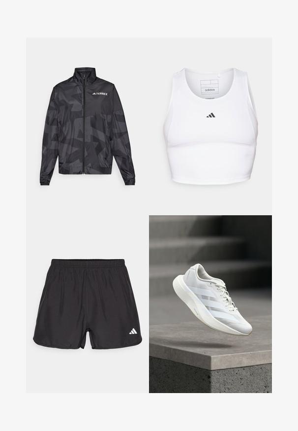 Čierna ľahká bunda s vysokým golierom, so zipsom a geometrickým vzorom. Na hornej ľavej strane je biele logo "TERREX".; Biely športový crop top vyrobený z ľahkej, priedušnej tkaniny. Obsahuje sieťované bočné panely a čierne vyšitý logo na hrudi.; Čierne športové šortky vyrobené z ľahkej tkaniny. Majú elastický pás a biele logo v dolnom ľavom rohu. Hladká textúra.; Biela športová obuv s textúrovaným zvrškom, tromi bočnými pruhmi, odpruženou podrážkou a zaoblenou špičkou, umiestnená nad betónovým povrchom.