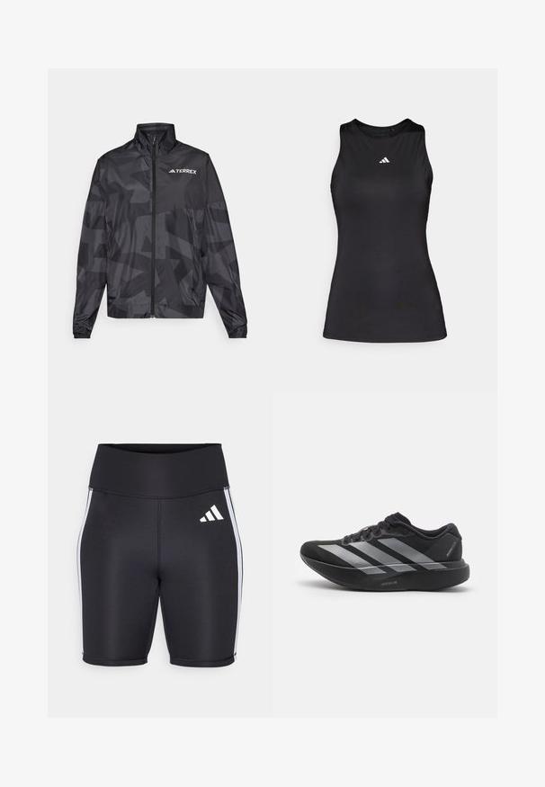 Veste légère noire avec un col haut, fermeture éclair et motif géométrique. Présente le logo "TERREX" en blanc sur le côté supérieur gauche.; Débardeur de sport noir sans manches en tissu lisse. Il présente un col rond et un petit logo Adidas blanc sur la poitrine.; Shorts de sport noirs avec une taille haute, rayures blanches sur les côtés et un petit logo blanc. Tissu lisse avec une coupe ajustée.; Chaussure de course noire avec des rayures argentées, semelle épaisse rembourrée étiquetée "Lightstrike Pro," vue de côté sur fond blanc.