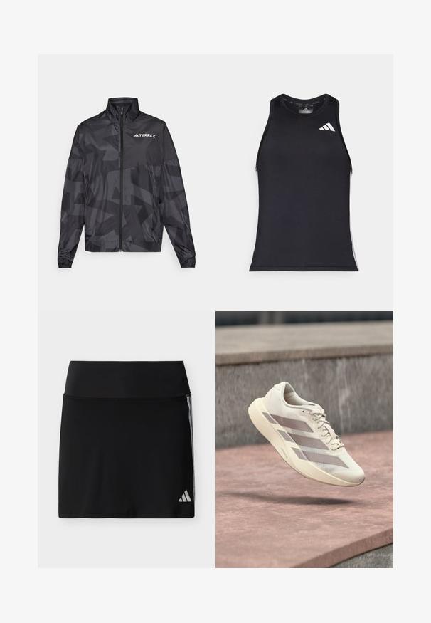 Chaqueta ligera negra con cuello alto, cierre de cremallera y patrón geométrico. Presenta el logo "TERREX" en blanco en la parte superior izquierda.; Top atlético negro de corte ajustado, fabricado en un material sintético suave, con el logo blanco de Adidas y detalles en los lados.; Falda deportiva negra con cintura ancha, sutiles rayas laterales y un pequeño logo de Adidas en el dobladillo inferior derecho.; Zapatilla de correr color crema con rayas topo flotando sobre una superficie de baldosas rojo pardusco y un fondo de piedra gris.